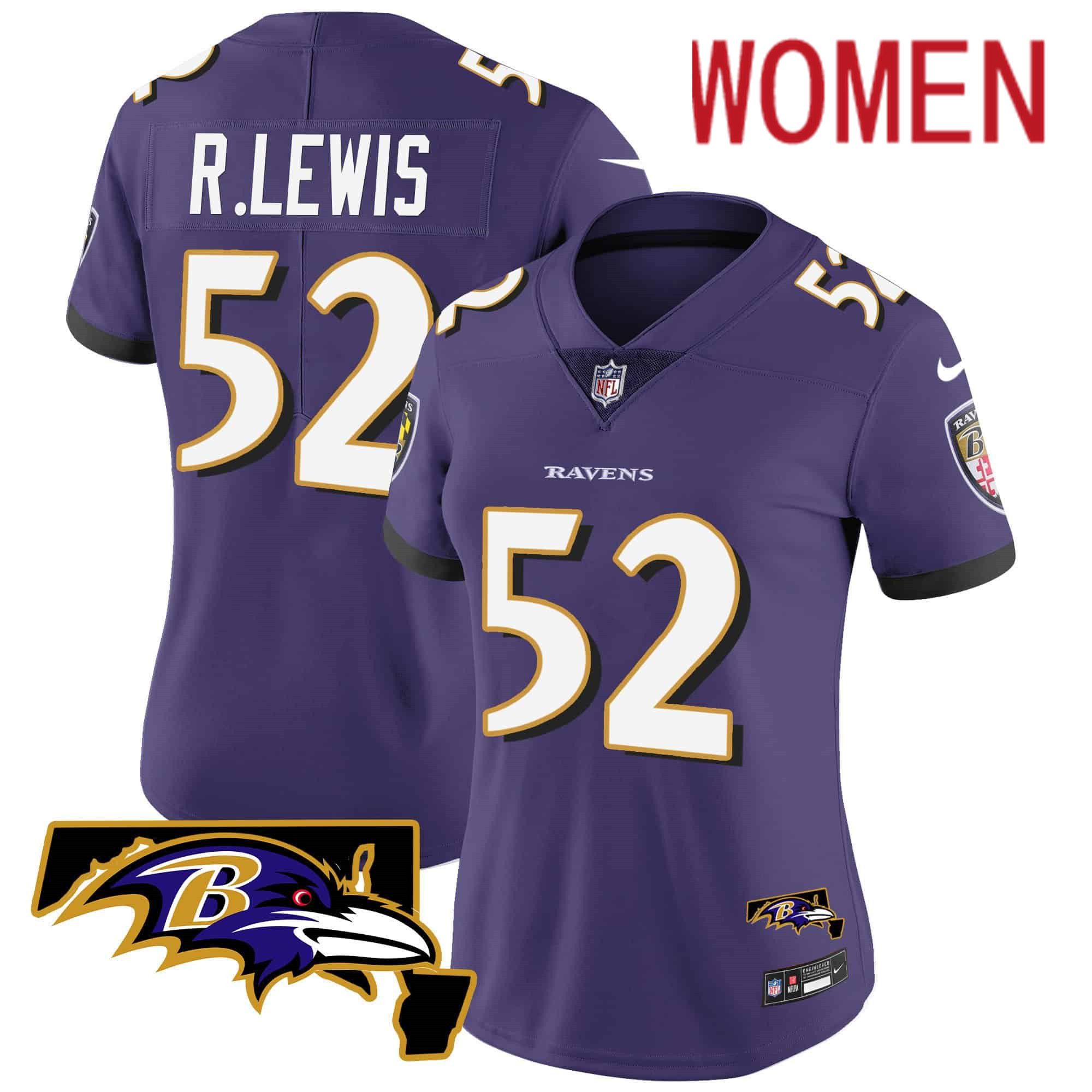 Women Baltimore Ravens #52 R.Lewis Purple 2024 Nike Maryland Patch Vapor Limited NFL Jersey style 1